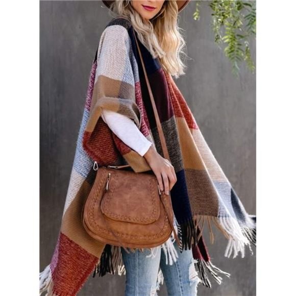 Women Boho Buffalo PlaidPoncho Pashmina Shawl WrapCape Sweater Knitting Cardigan - Picture 3 of 5